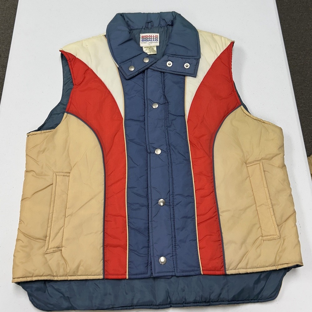 Sigallo Puffer Vest Mens Large Blue Red Cream Tan Colorblock Vintage 80s 90s
